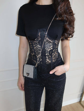 Women Sheer Lace Corset Slim Fit Crop Top