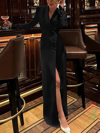Blazer Collar Slit Long Sleeve Maxi Dress