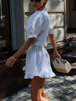Ruffle Puff Sleeve Crop Top Shorts Two Piece Set