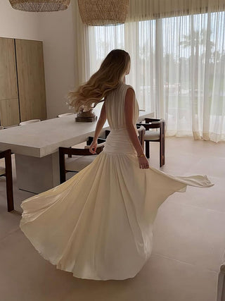 V Neck Sleeveless Ruched Flowy Maxi Dress