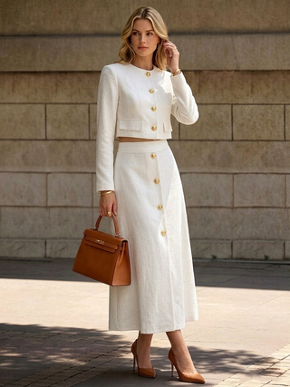 Elegant Tweed Cropped Jacket Midi Skirt Two‑Piece Set