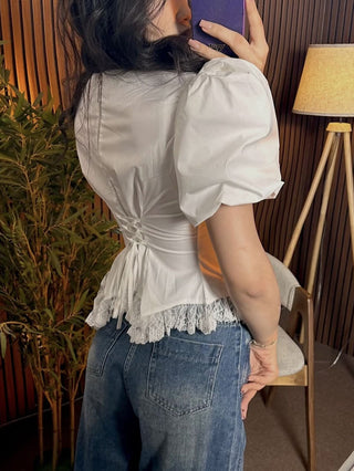 Puff Sleeve Lace Trim Irregular Hem Blouse