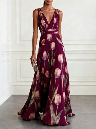 Tulip Print V Neck Sleeveless Maxi Dress