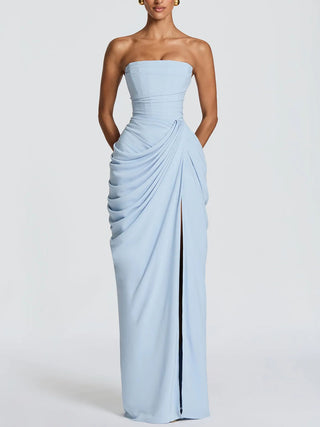 Strapless Draped High Slit Bodycon Maxi Dress