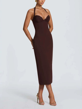 Halter Lace Bust Corset Back Bodycon Midi Dress