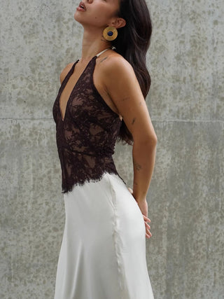 Halter Lace Spliced Floor‑Length Dress