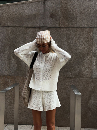 Hollow Knit Cardigan Shorts Two Piece Outfit