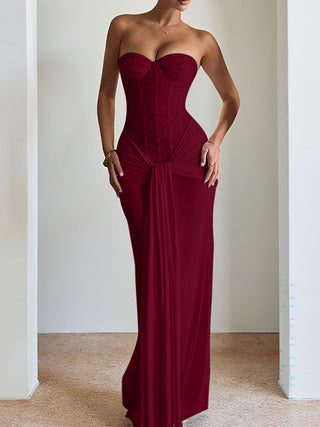 Strapless Corset Knotted Draped Mermaid Maxi Dress