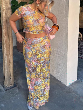 Floral Print Crop Top Maxi Skirt Two Piece Set