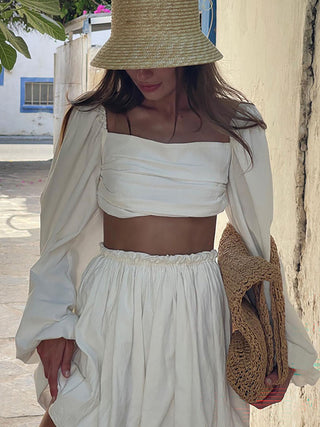 Square Neck Puff Sleeve Two Piece Skirt Set