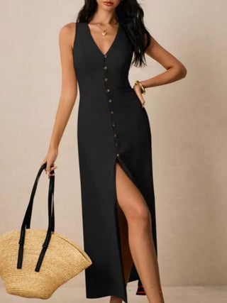 Women Sleeveless V Neck Split Long Casual Dress