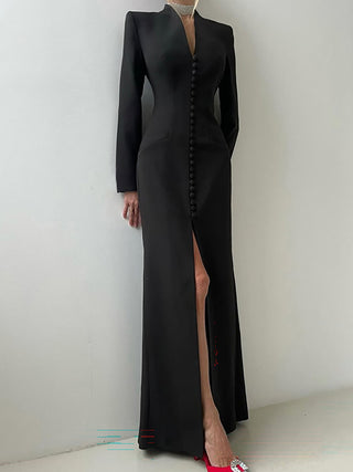 Stand Collar Button Front Slit Maxi Dress