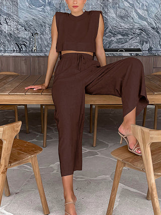 Sleeveless Crop Top Drawstring Wide Leg Pants Set