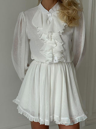 Ruffle Neck Puff Sleeve Mini Dress