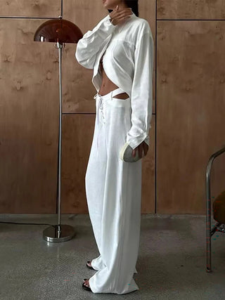 Irregular Shirt Cutout Lace-Up Pants Two Piece Set