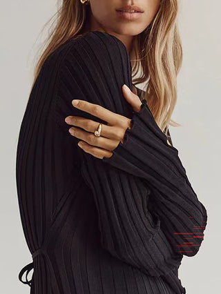 V‑Neck Long Sleeve Ribbed Knit Midi Dress