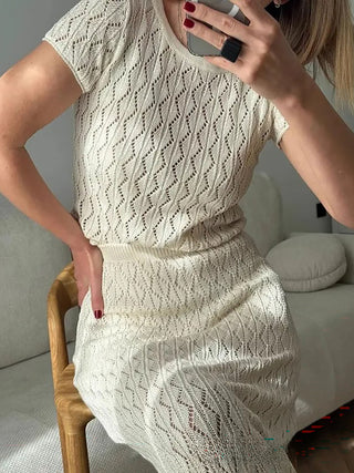 Knitted Short Sleeve Top Midi Skirt Two Piece Outfit