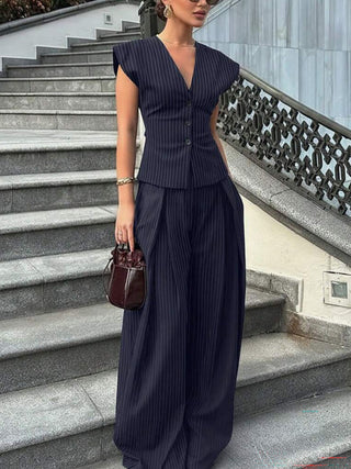 Women Striped Vest Wide Leg Pants Two Piece Outfit