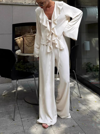 Ruffled Tie Blouse Wide Leg Pants Two Piece Set