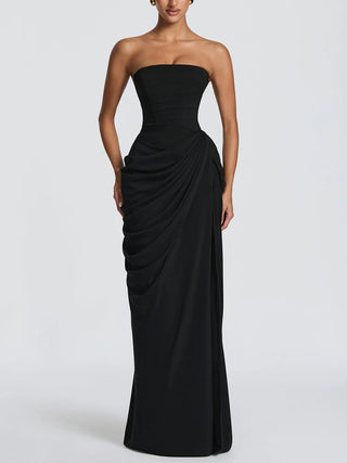 Strapless Draped High Slit Bodycon Maxi Dress