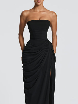Strapless Draped High Slit Bodycon Maxi Dress