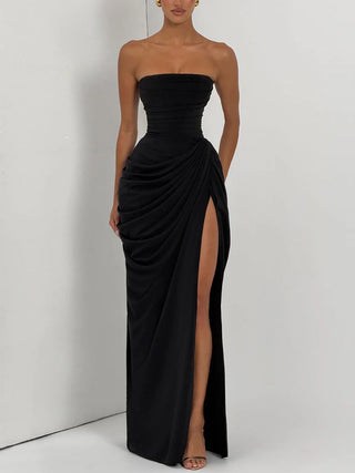 Strapless Draped High Slit Bodycon Maxi Dress