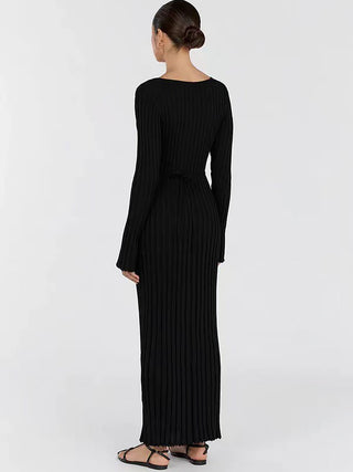 V‑Neck Long Sleeve Ribbed Knit Midi Dress