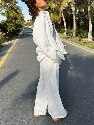 Loose Button Shirt Drawstring Wide Leg Pants Two Piece Set