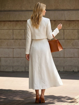 Elegant Tweed Cropped Jacket Midi Skirt Two‑Piece Set