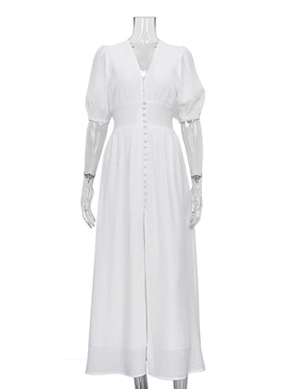 Deep V Puff Sleeve Button Front Slit Midi Dress