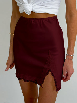 Satin Lace Trim Split Mini Skirt