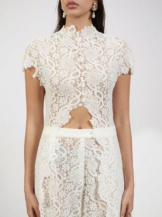 Lace Cutout Top Wide Leg Pants Set