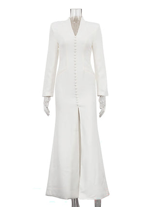 Stand Collar Button Front Slit Maxi Dress