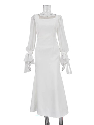 Square Neck Sheer Flare Sleeve Mermaid Maxi Dress