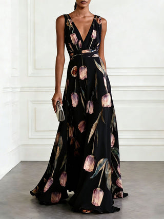 Tulip Print V Neck Sleeveless Maxi Dress