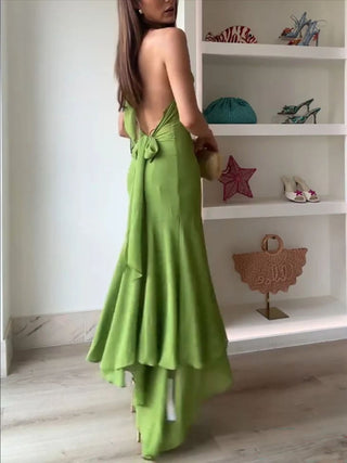 Halter Neck Cutout Bow Decor Irregular Hem Midi Evening Dress