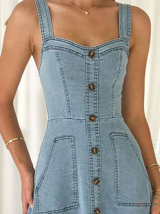 Square Neck Button Front Denim Midi Dress