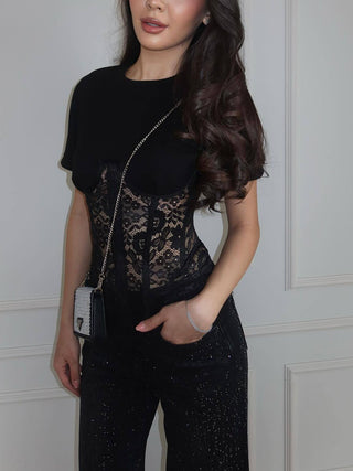 Women Sheer Lace Corset Slim Fit Crop Top