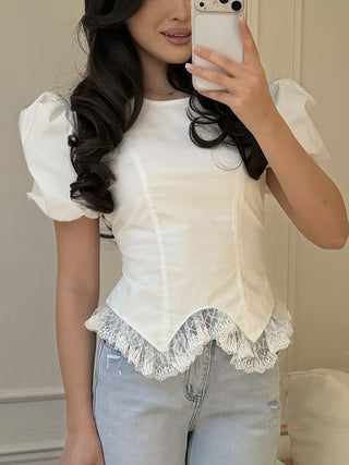 Puff Sleeve Lace Trim Irregular Hem Blouse