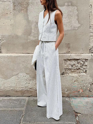 Striped V Neck Vest Wide Leg Pants Two Piece Set