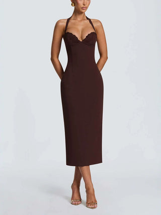 Halter Lace Bust Corset Back Bodycon Midi Dress