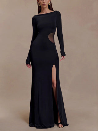 Slim Fit Cutout High Slit Long Sleeve Maxi Gown