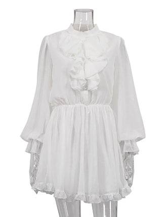 Ruffle Neck Puff Sleeve Mini Dress