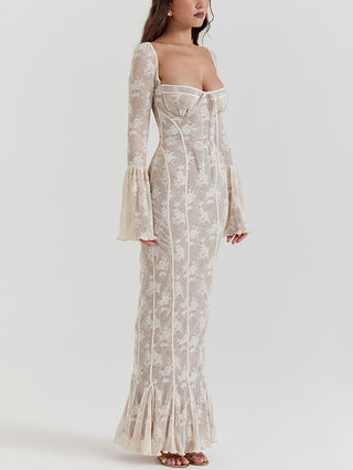 Sweetheart Lace Flare Sleeve Mermaid Maxi Dress