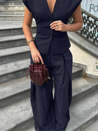 Women Striped Vest Wide Leg Pants Two Piece Outfit