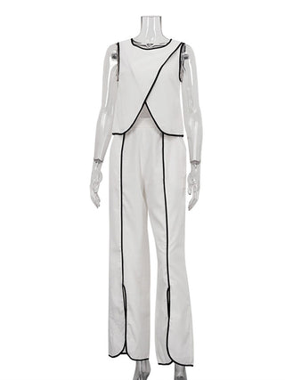 Contrast Trim Sleeveless Top Slit Pant Two Piece Set
