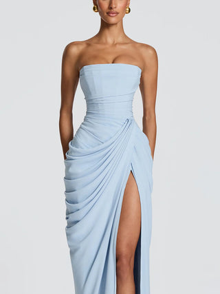 Strapless Draped High Slit Bodycon Maxi Dress