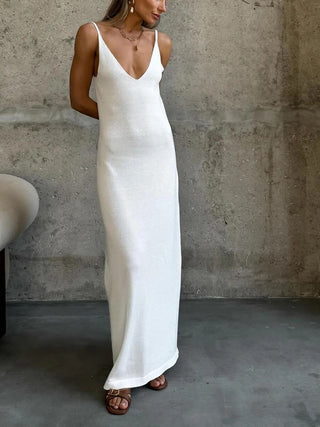Sleeveless Spaghetti Strap Backless Knit Maxi Party Dress