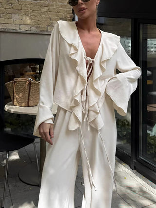 Ruffled Tie Blouse Wide Leg Pants Two Piece Set