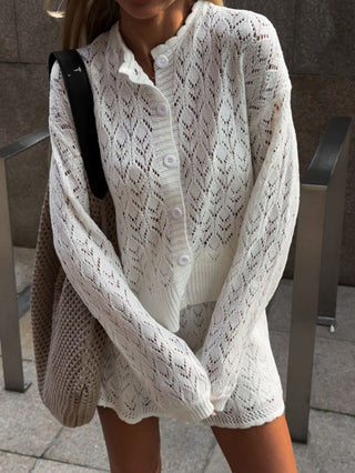 Hollow Knit Cardigan Shorts Two Piece Outfit